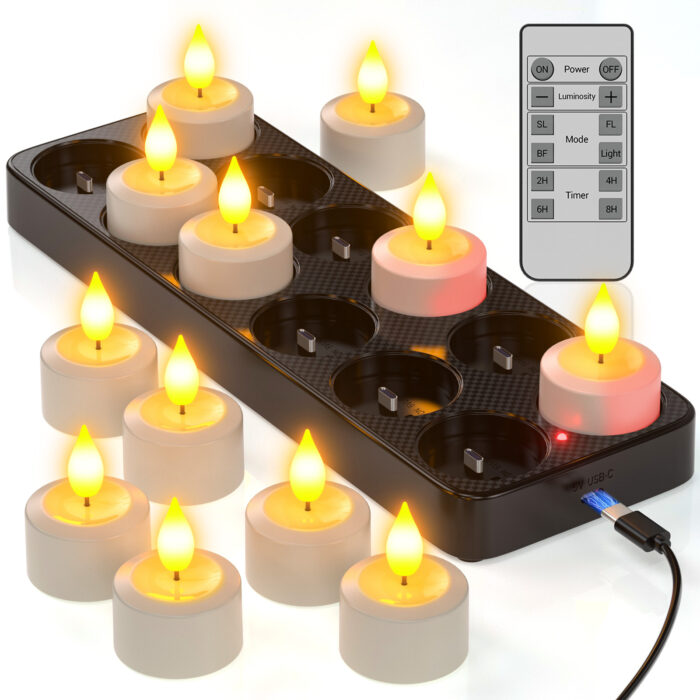 PChero 12pcs Rechargeable Tealight Candles with Remote&Charging Station