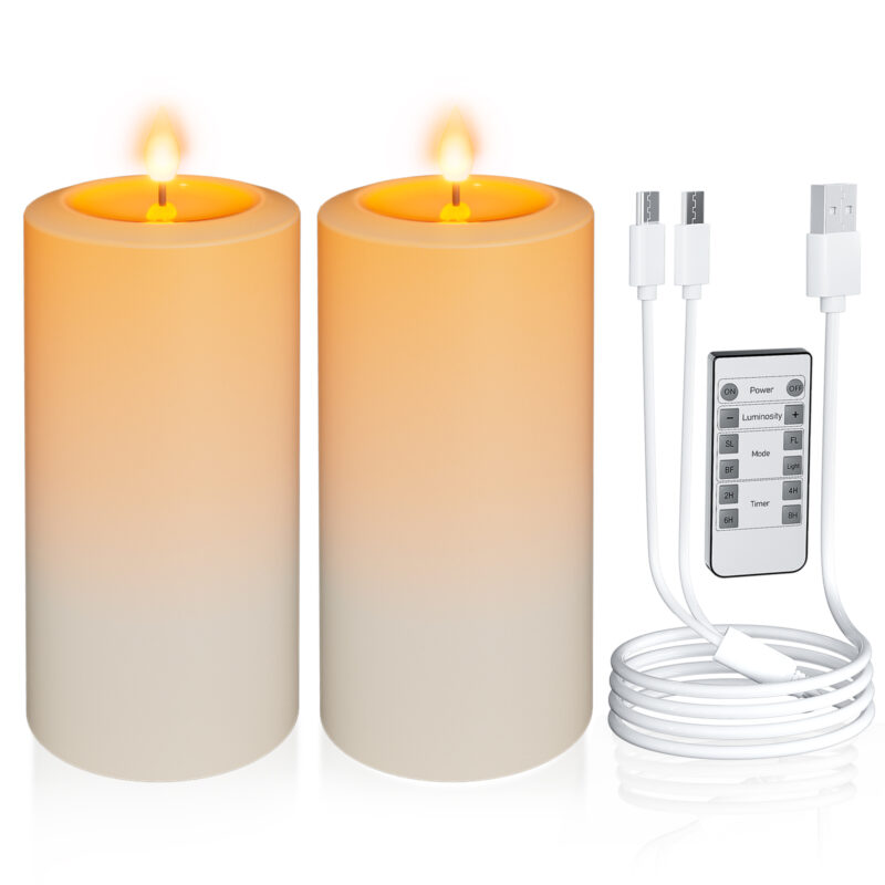 PChero 2pk 4″ x 10″ Solar Outdoor Rechargeable Pillar Candles with Remote, IP64 Waterproof