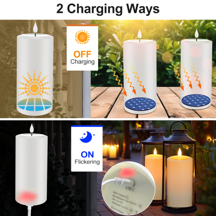 PChero 2pk 4″ x 10″ Solar Outdoor Rechargeable Pillar Candles with Remote, IP64 Waterproof - Image 5