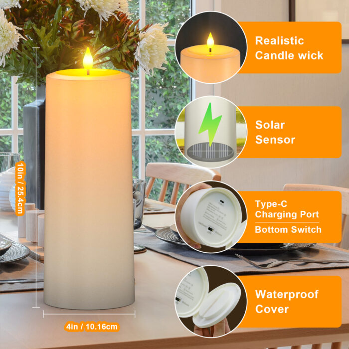 PChero 2pk 4″ x 10″ Solar Outdoor Rechargeable Pillar Candles with Remote, IP64 Waterproof - Image 3